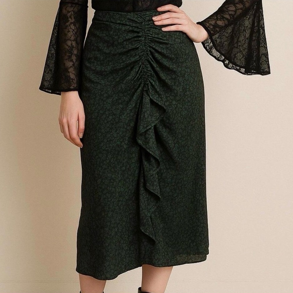 Zara Dark Green Ruched Midi Skirt